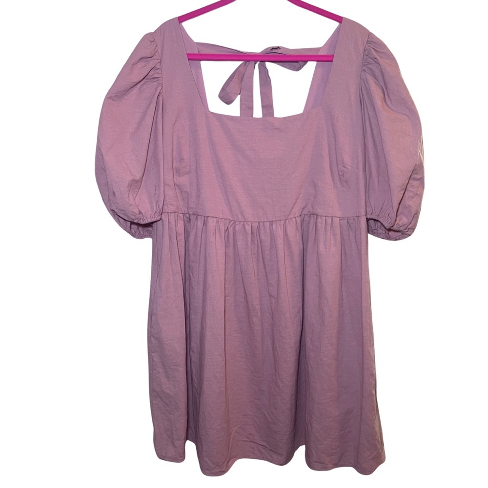 Arula Dress Women’s Sz A 1X Pink Puff Sleeve Babydoll Tie Back Zip Short Cotton
